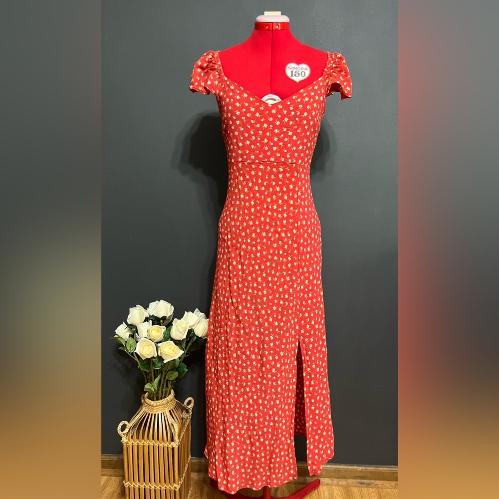 The Workshop Red Floral Maxi Dress — Size S, Puff Sleeves, Leg Slit